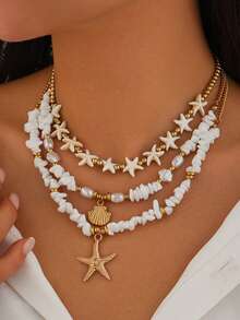 3件套波西米亚海滩风项链套装，包含鱼尾、贝壳、绿松石、海星吊坠和串珠绳链，适合女性日常及海滩度假装扮（长度详见描述，不对称白色宝石数量随机）。 - 白色 - 查看 2