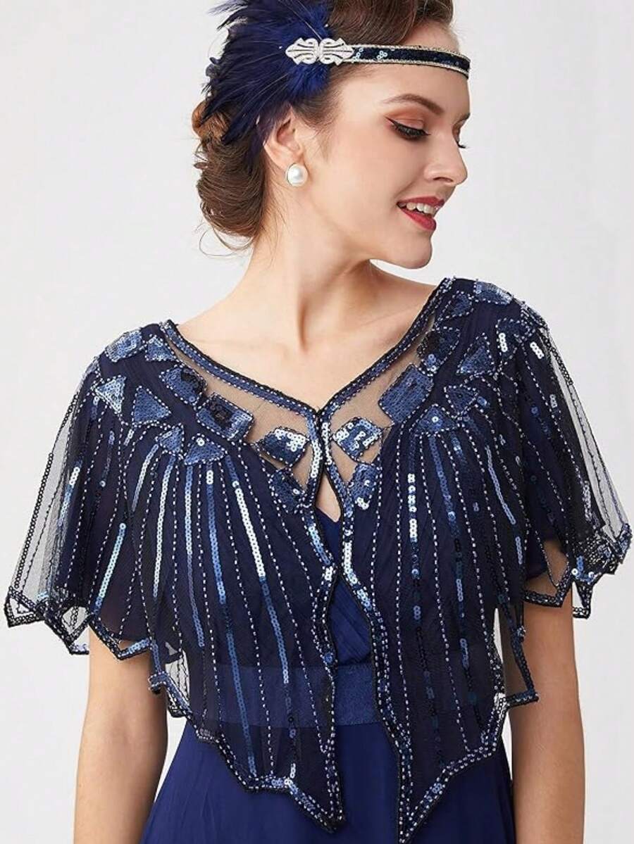 1920年代復古串珠亮片 Flapper 風格披肩斗篷,手工花卉設計,彈性貼身,適合婚禮與晚宴,女性復古魅力飾品 - 多色 - 查看 1