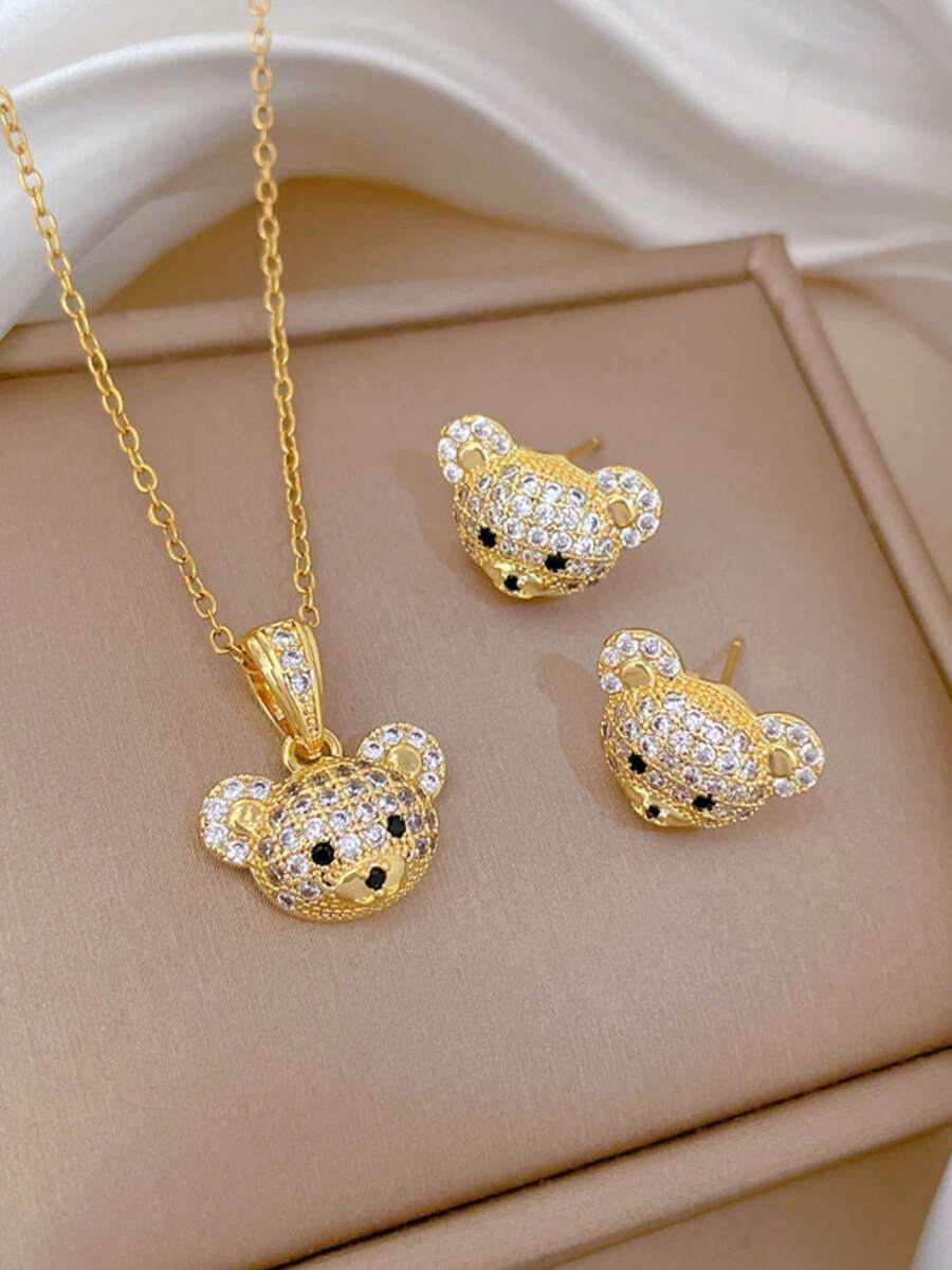 1 套不锈钢熊项链和耳环，全镶水钻奢华微镶嵌个性化宴会珠宝礼物 - 金色 - 查看 1