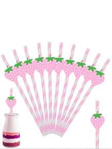 6pcs/Set Paper Straws, Red/Pink, Cute Shapes For Milkshake Juice Boba Tea, Birthday Party Supplies, Creative Paper Strawberry Drink Straw Decor For Cake Desserts