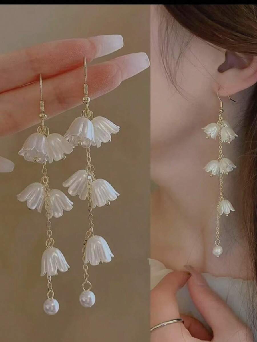 1 par de brincos pendentes elegantes de flor de lírio e pérola, versáteis