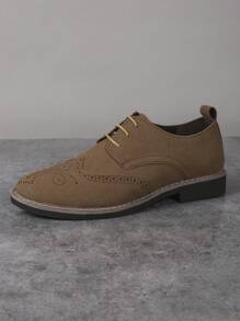 Men's Suede Lightweight Brogue Decorated Round Toe Lace-Up Casual Low-Heel PU Shoes, Suitable For Young Students Everyday Wear, Spring/Summer/Autumn/Winter