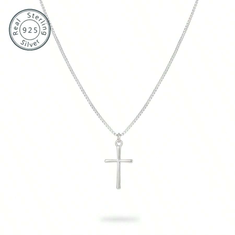 1 Piece | 925 Sterling Silver Cross Necklace, Women's Silver Cross Necklace, Chain Length 16+2 Inches, Italian Simple Fashion Style Design, Shiny Silver, Exquisite Women's Jewelry, Jewelry Pendant Stainless Steel Jewelry, Party Accessories, Bohemian Style, Elegant Style, Suitable For Women To Wear To Participate In Christmas Themes, Dances, Beach Parties, Teacher's Day Gifts, Renaissance Expo Gifts. (With Exquisite Gift Box)