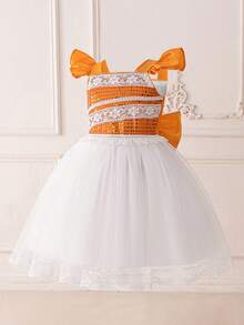Young Girl Shiny Sequin Mesh Cap Sleeve Princess Dress Suitable For Performances And Parties - Orange - View 3