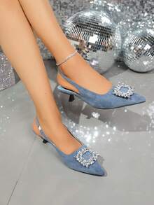 Sandali con punta chiusa da donna in taglie forti, sandali estivi con punta a punta, tacco alto, cinturino alla caviglia e fibbia con strass