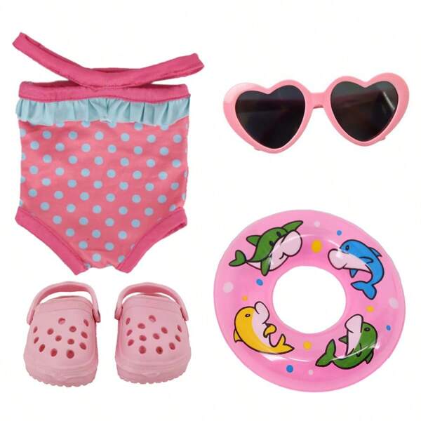 Ein Muss für den Sommer! Geeignet für 17-18 Zoll Puppen Zubehör, Kinder Rollenspielspielzeug (Badeanzug-Set + Sonnenbrille + Sandalen + Schwimmring, Puppe nicht enthalten), Kinder Geburtstag, Abschlussgeschenke