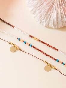 HOTNICE 3 PiecesBohemian Style Bead Necklace Set With Multiple Layers Of Collarbone Chains - Rice Bead Necklace - View 3