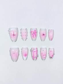 10 件 Y2K 芭蕾风格甜美杏仁形短款手工 3D 树脂水钻蝴蝶结和星星装饰按压式假指甲，可爱的芭蕾美学适合日常佩戴、约会、下午茶、外出美甲用品 - 彩色 - 查看 4