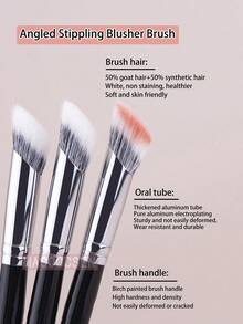 1pc Angled Stippling Blush Brush Diffusion Powder Liquid Makeup Stippling Blusher Brushes Angled Duo Fiber Goat Hair Beauty Tools - Black - View 6