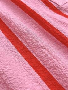 Women Color-Block Striped Loose Blouse Short Sleeve Elegant Cardigan Top, Suitable For Commute, Daily, Valentine's Day, Outing, Spring/Summer