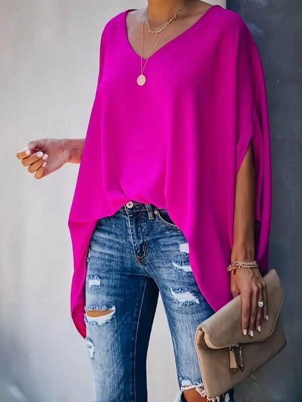 Plus Size Women Casual Solid Color Asymmetrical Front Short Back Long Batwing Sleeve Loose Top