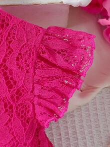 coviviky Girls Ruffled Mini Dress With Short Cap Sleeves, Round Neck Solid Color Lace Dress With Belt, Sweet Cute Elegant For Parties, Weddings