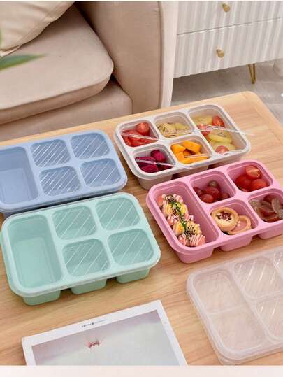 1pc Random Color Snack Containers, Divided Bento Lunch Box With Transparent Lids, Reusable Meal Prep Lunch Containers For Adults, 4 Compartment Food Storage Containers For People Work Travel