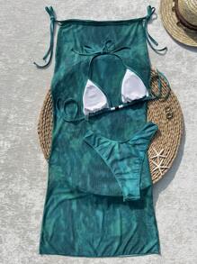 Elegant Party Women's Backless Tie-Up Side Thong Bikini, Semi-Sheer Skirt 3-Piece Swimsuit - Green - View 5