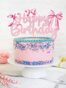 1 件粉色蝴蝶结生日快乐蛋糕装饰 - 适合公主主题生日派对用品，适合女士 - 粉色 - 查看 4
