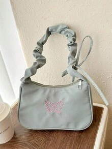 1件新款时尚简约单肩手提包，尼龙刺绣包，百搭蝴蝶单肩包，高端ins风可爱褶皱云朵单肩包，学院风大容量复古托特包 - 蝴蝶手提包 - 查看 5