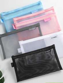 1 pieza Bolsa de lápices minimalista de unicolor y transparente de malla, de gran capacidad y multifuncional con cremallera para organizar artículos de oficina y papelería, para estudiantes y escuela - Multicolor - Ver 2