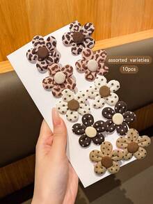 10pcs Random Color Cute Flower Hair Clips, Lovely Hair Accessories Suitable For Daily Use - Coffee Brown - View 3