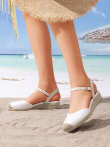 Women's Platform Ankle Strap Closed Toe Espadrille Matching Dress Wedding Wedge White Sandals - 白色 - 查看 3
