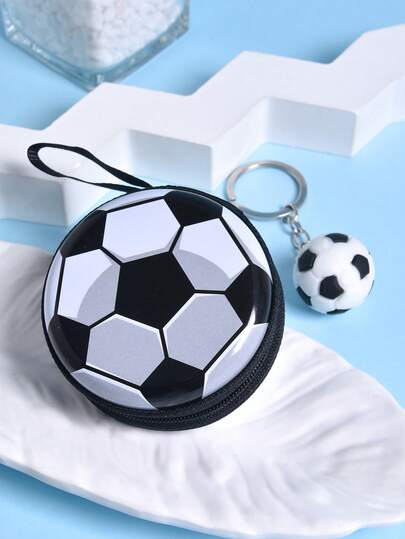 Set Of 2pcs Boys' Soccer Design Zipper Coin Purse & Earphone Case, With Soccer Pendant Keychain