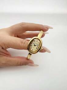 1pc Ladies' Watch, Golden Watch, Classic Oval-Shaped Case With Roman Numeral Dial, Suitable For Daily Wear, Business Work Watch, Festival Gift