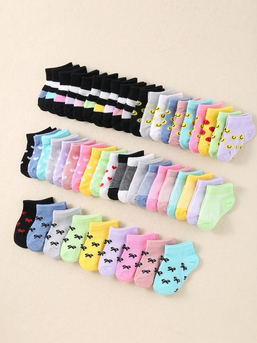 10 Pairs Of Baby Cute, Simple And Unisex Sheer Socks In Random Colors. They Have Jacquard Patterns Of Stripes, Bows And Hearts, And Are Suitable For Both Baby Boys And Baby Girls. These Socks Are Suitable For All Seasons. - Multicolor - View 1