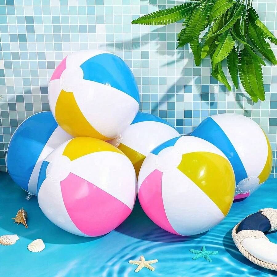 6pcs Colorful Inflatable Beach Balls - PVC Pool Party Supplies For Summer Entertainment, Macaron Color With White Panel, Great For Birthday, Wedding And Beach Decoration, Summer Event Accessories | Festive Ambience | Inflatable Fun, Beach Accessories - Multicolor - View 1