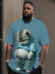 加大码男士休闲猫咪图案 T 恤，短袖，涤纶和氨纶混纺，可机洗，适合夏季户外活动