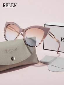 RELEN 1pc ELEN Brand Women Fashion Sunglasses, New Design Cat Eye Luxury Niche Personalized Versatile High Quality Street Style Accessories, Includes Eyeglasses Case And Cloth, Suitable For Beach, Outdoor, Cycling, Vacation, Sun Protection, Stage Performance, Party, Gathering - Multicolor - View 14