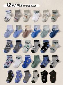 12 Pairs Boys Cartoon Dinosaur, Bear, Football Pattern Mid-Calf Socks, Fashion Casual Versatile, Skin-Friendly Soft Breathable, Suitable For Daily Wear, Holiday Gifts, Back-To-School, Random Color/Style - Multicolor - View 6