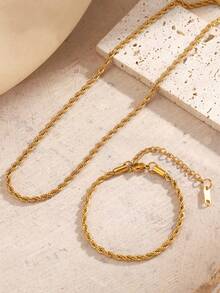 Set Kalung dan Gelang Rantai Pilin Warna Emas Anti Pudar, Tahan Air, dan Terbuat dari Baja Tahan Karat, Cocok untuk Pemakaian Sehari-hari Wanita - Yellow Gold - View 2