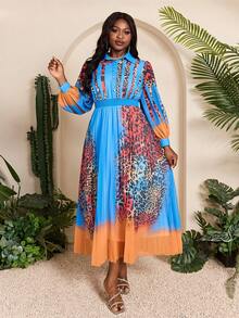 Mgiacy-Lady、新品、衬衫领、印花、Vivi、大码传统非洲服饰、阳光、灯笼袖、长裙