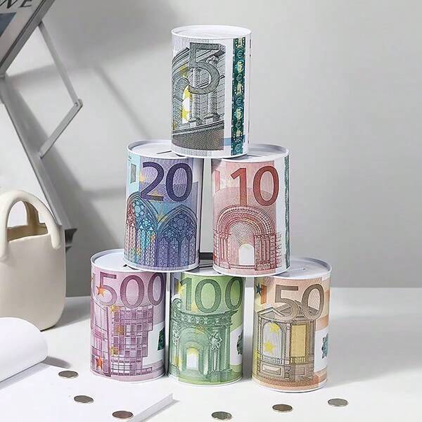 1pc Mini Cylindrical Coin Bank With Space And Coin Pattern, Made Of Tin, Random Color