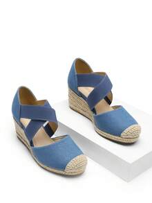 Women's Close Toe Espadrilles Platform Slip On Elastic  Cross Straps Dressy Wedges Sandals Matching Dress - 藍色 - 查看 5