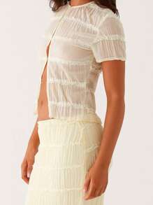 Women's Summer Outfits Solid Pleated Front Opening Crew Neck Short Sleeve Tops With Long Skirt 2 Pcs Set