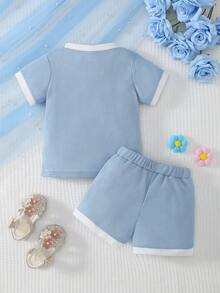 2pcs Baby/Toddler Girls' Daily Casual Cute Versatile Blue Floral Decor Round Neck Short Sleeve T-Shirt And Elastic Waist Dual Pockets Shorts Set, Summer - Blue - View 2