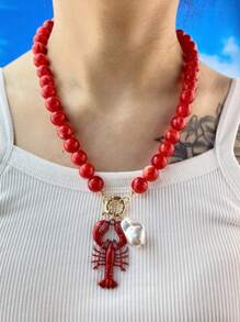 Retro Versatile Crustacean Beaded Handmade Necklace, Vintage Alloy Boho Seafood Jewelry, Fashion Unique Resort Style
