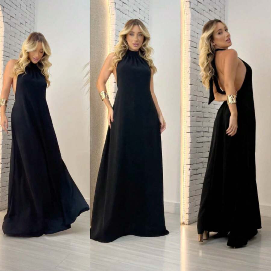 Elegant Long Dress With Tie At The Neck And Open Back - 黑色 - 查看 1