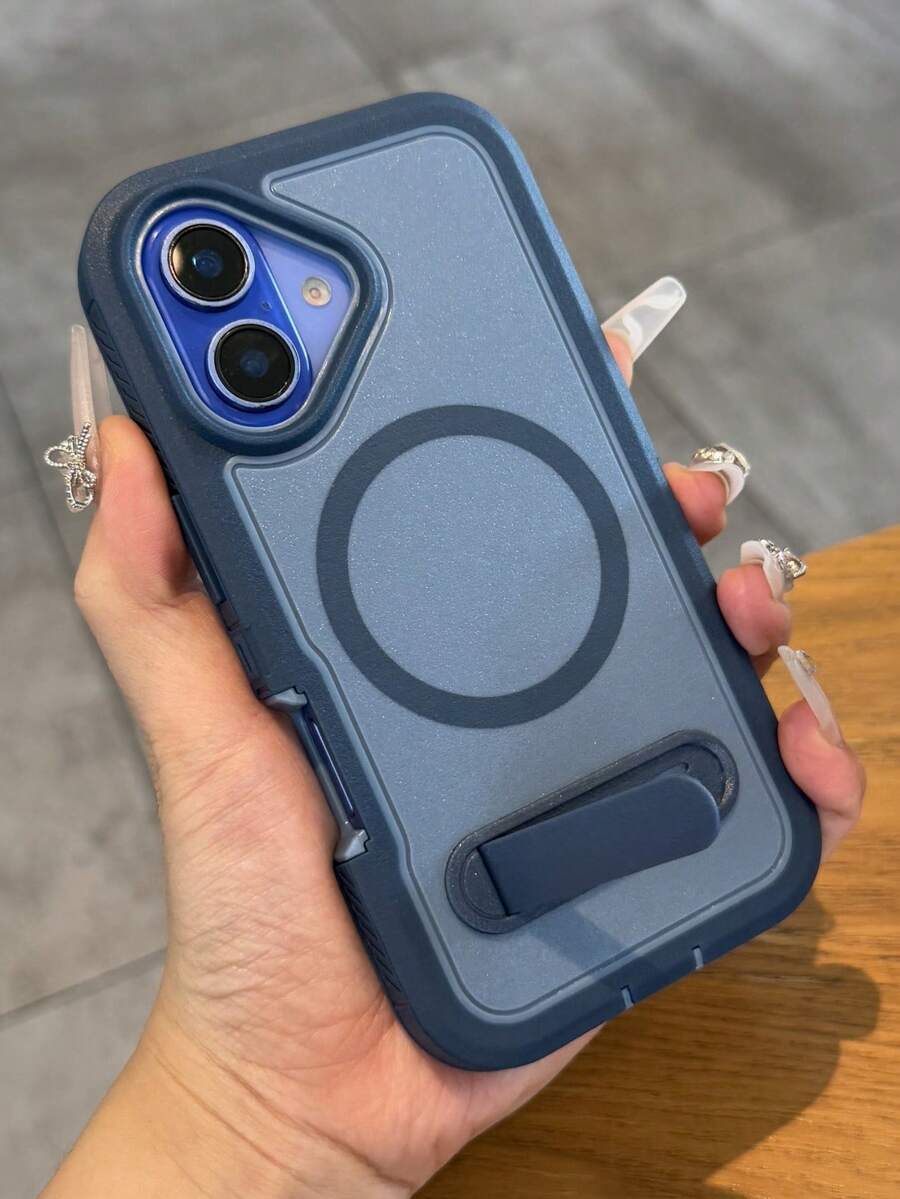 豪华折叠支架磁力装甲手机壳适用于 16 15 14 13 12 11 Pro Max Plus 防震混合 PC 军用级保护套防水防摔防刮 - 寶藍 - 查看 1