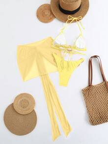 3pcs Set Women Velentines Hibiscus Red Swimwear For Summer Days From Poolside To Beachside, Basic Elegant Bikini Floral Decor Coverups Sarong Beachwear,Easter,Holiday Outfits,Going Out Tops,Date Night Outfits Women,All Women Clothes,Fall Clothes - Yellow - View 3