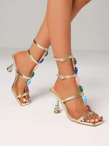 Women's High Heels Sandals Fashion Beaded Ankle Strap Open Toe Party Dress Sexy Sculptural Heels Summer Sandals Woman - 金A - 查看 6