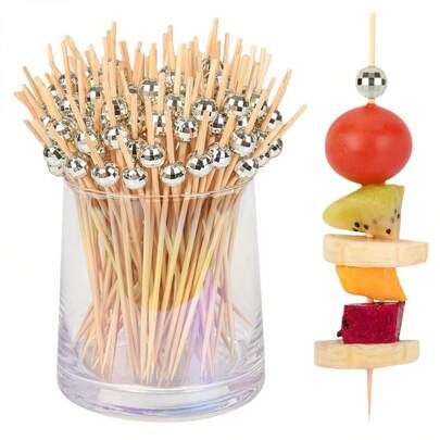 50pcs/100pcs/200pcs Silvery Gold 80s Mirror Disco Ball Bamboo Food Picks Buffet Dessert Fruit Forks For 70s Disco Birthday Wedding Party Decor