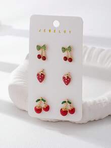 3对樱桃珐琅草莓耳环套装，适合春夏佩戴，水果耳环，女士首饰 - 彩色 - 查看 2