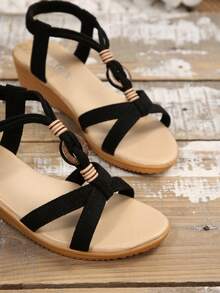 Damessandalen met sleehak, nieuw, handgemaakte sandalen met kralen, open teen en middelhoge hak, zwart - Zwart - Bekijken 5