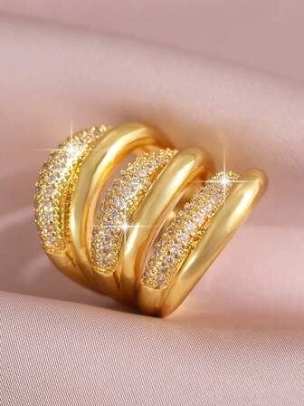 1 件奢华结饰设计独特大方晶锆石开口订婚戒指女士金色节日结婚戒指周年派对珠宝礼物