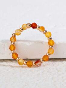1pc European Style Jewelry, Natural Beryl Carved Beaded Elastic Ring For Women