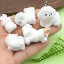 2/5 件可爱树脂柯基犬泰迪兔雕像饰物，带毛绒树脂 3D 动物吊坠，适用于 DIY 钥匙扣手链项链耳环珠宝制作工艺品配件 - 白色 - 查看 4