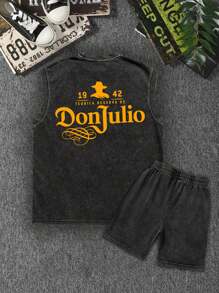 Men's Summer Vintage Portrait Graphic Vest And Shorts Set