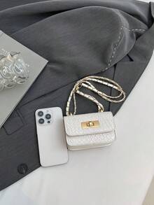 迷你方形包，编织纹理，绗缝，新款女士手提包，菱形图案，高品质缝线，单肩包，编织链带，翻盖，小包，口红袋，可爱斜挎包，配饰袋 - 白色 - 查看 8