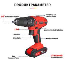 Vandise 21V Cordless Drill/Driver Set With 2x1500mAh Batteries, 25+1 Torque Levels, 45Nm Max, 2-Speed Gearbox, LED Lighting – Power Tool With Accessories, Practical Storage Box & Keyless Drill Chuck (3/8'') For DIY Projects, Household And Garden - Red - View 2